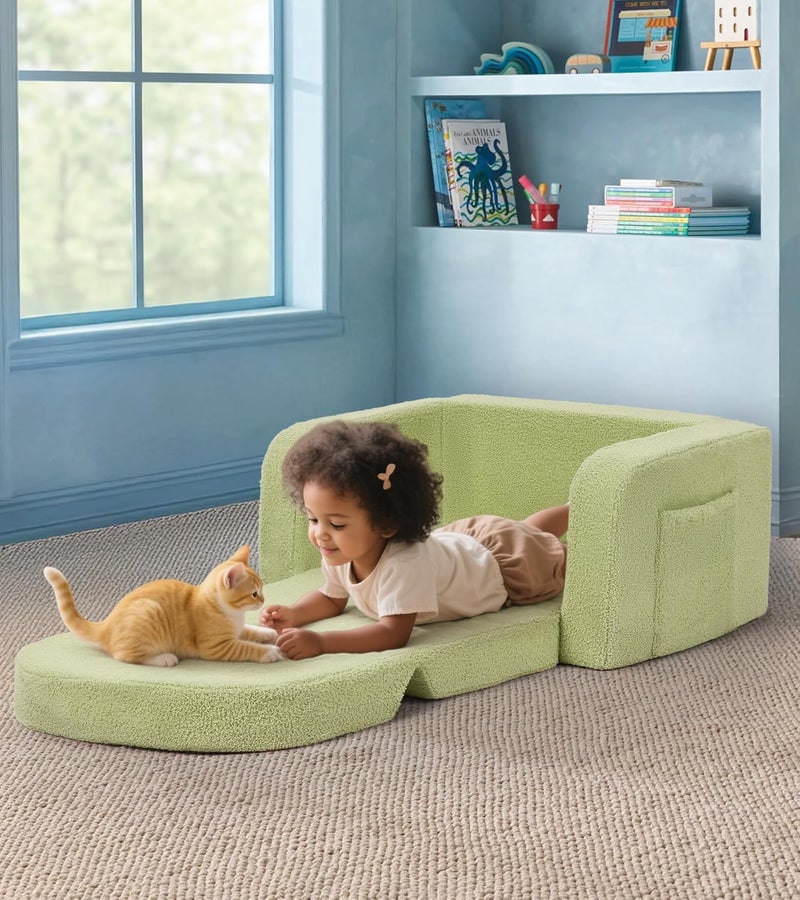 Foryoomi Kids Couch, 2-in-1 Soft Toddler Couch Fold Out with Blanket, Comfy Toddler Chair, Convertible Sofa, Gifts for Kids Girl Boys, Medium Green Rainbow - Image 2